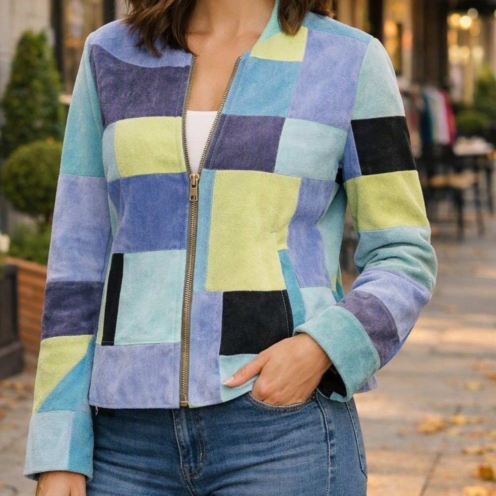 Vintage Karen Arnold Blue Patchwork Leather Jacket XL Suede Zip Front Colorblock